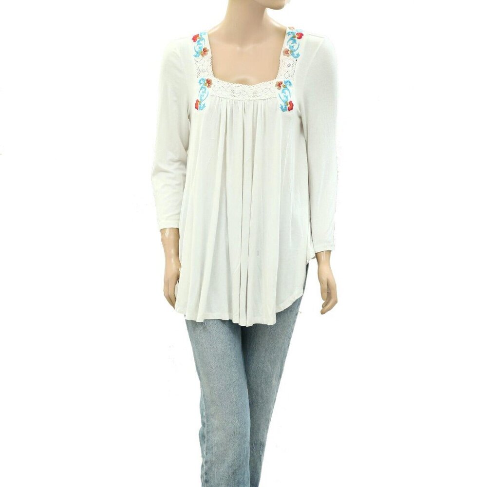 Caite Anthropologie Chelsea Floral Embroidered Tunic Top White Lace S 267886